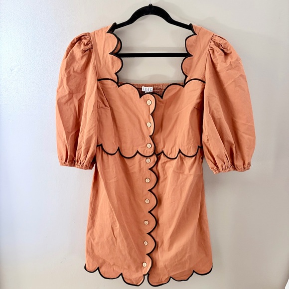 TCEC Scalloped Button Front Puff Sleeve Mini Dress Terracotta Orange Large - Picture 2 of 5